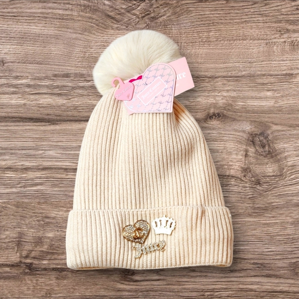 Juicy Couture Beige Charm Faux Fur Pom-Pom Beanie